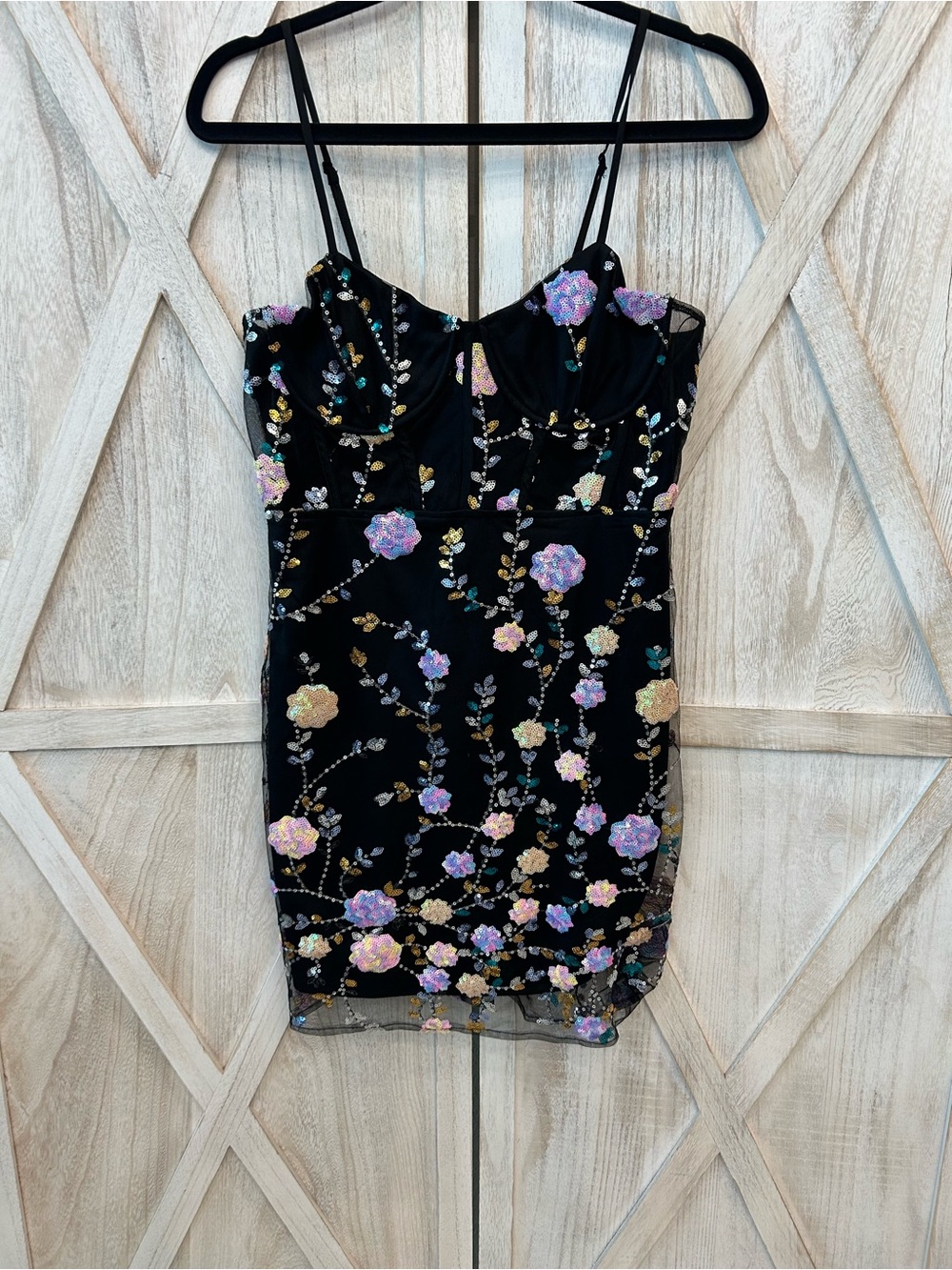 Black Floral Sequin Spaghetti-Strap Mini Dress
